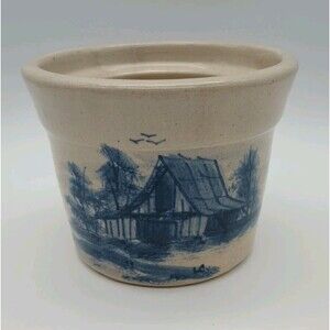 Vtg Paul Storie Pottery Painted Crock Barn Trees Birds